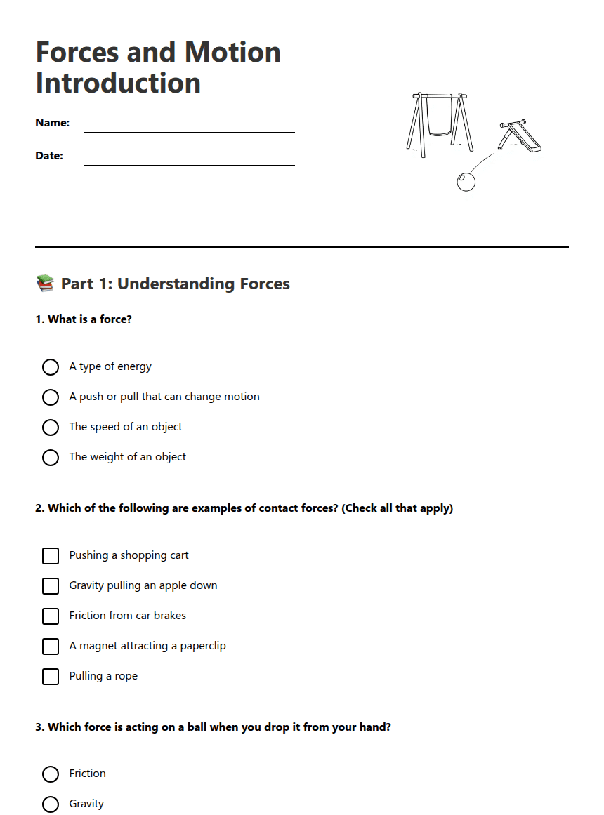 Forces and Motion Introduction worksheet preview