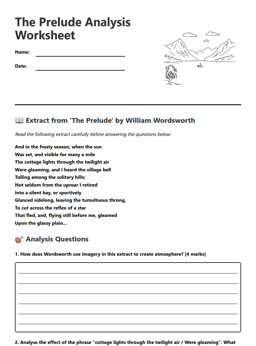 The Prelude Analysis Worksheet worksheet preview