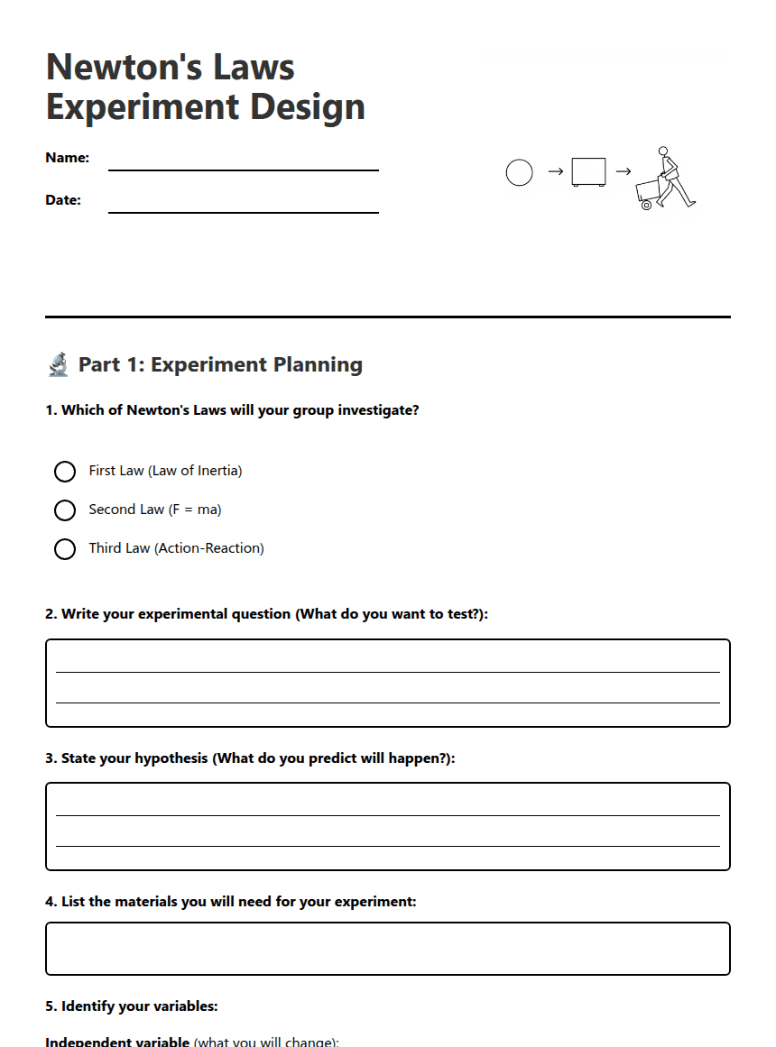 Newton's Laws Experiment Design worksheet preview