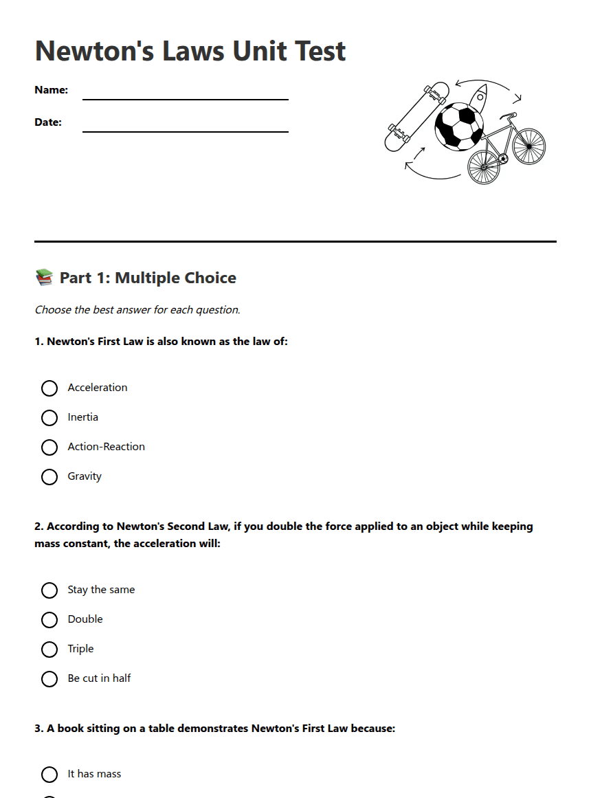 Newton's Laws Unit Test worksheet preview