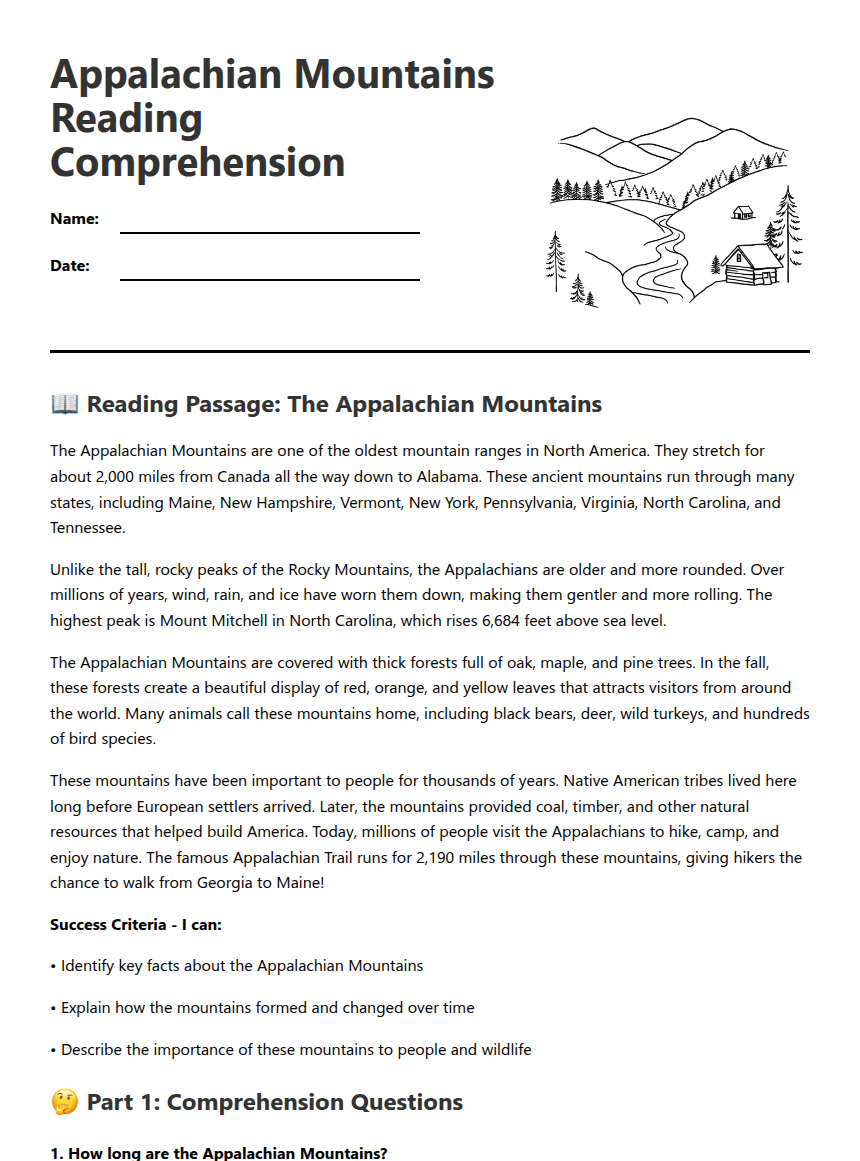 Appalachian Mountains Reading Comprehension worksheet preview