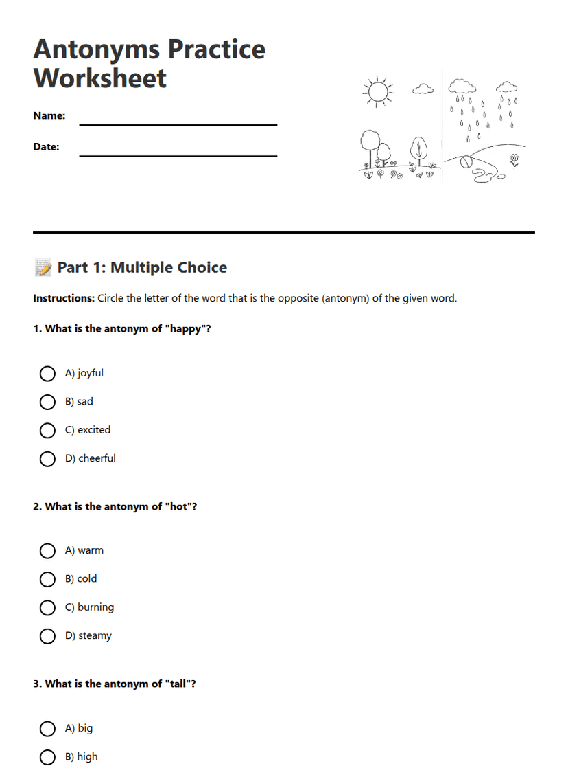 Antonyms Practice Worksheet