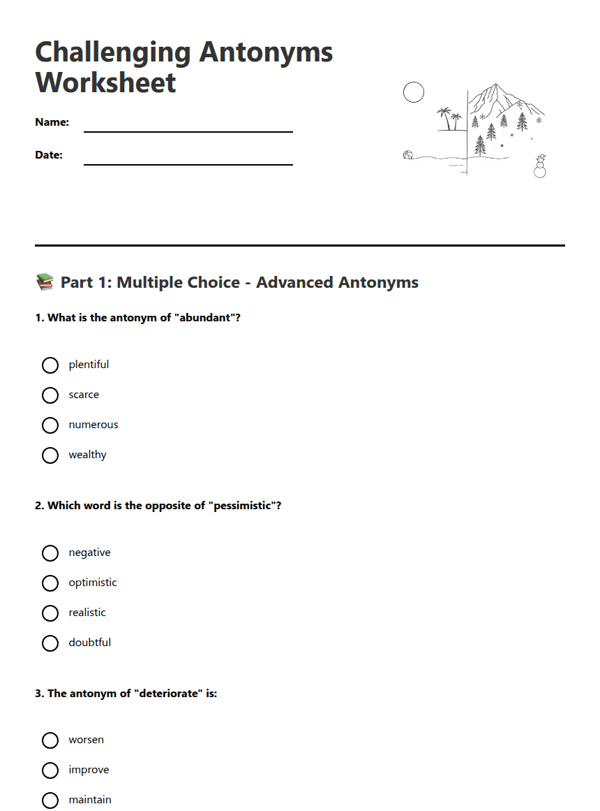 Challenging Antonyms Worksheet worksheet preview