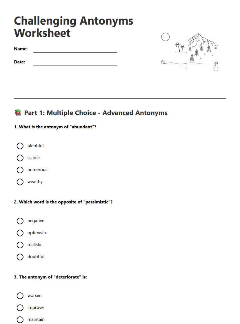 Challenging Antonyms Worksheet