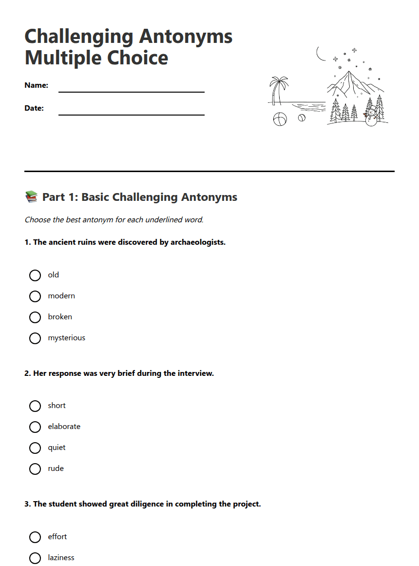 Challenging Antonyms Multiple Choice worksheet preview