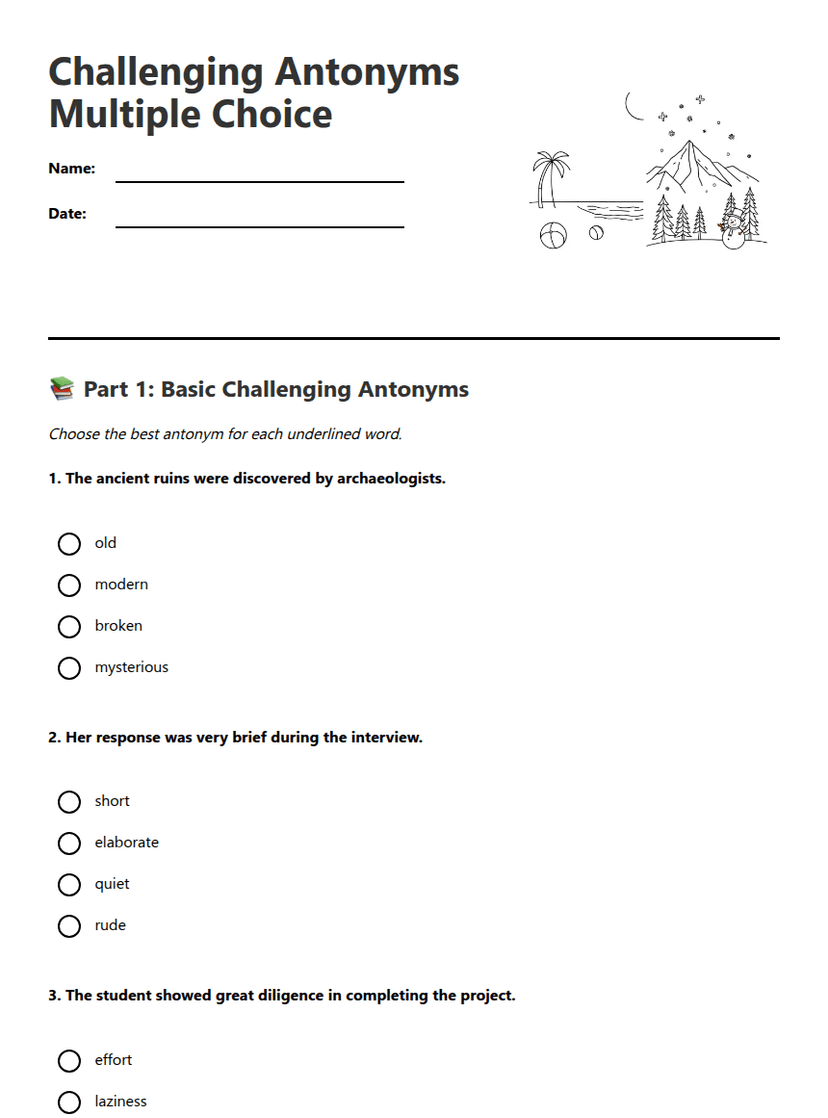Challenging Antonyms Multiple Choice