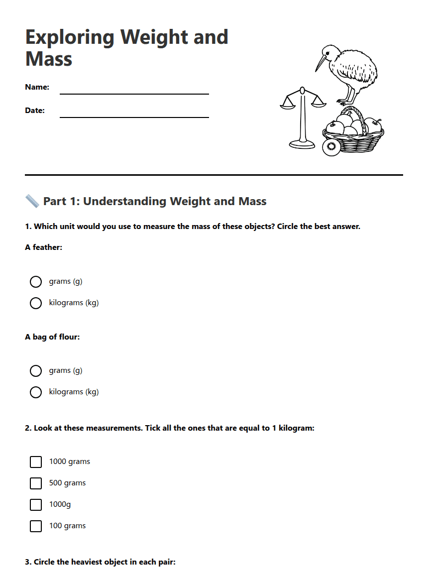 Exploring Weight and Mass worksheet preview