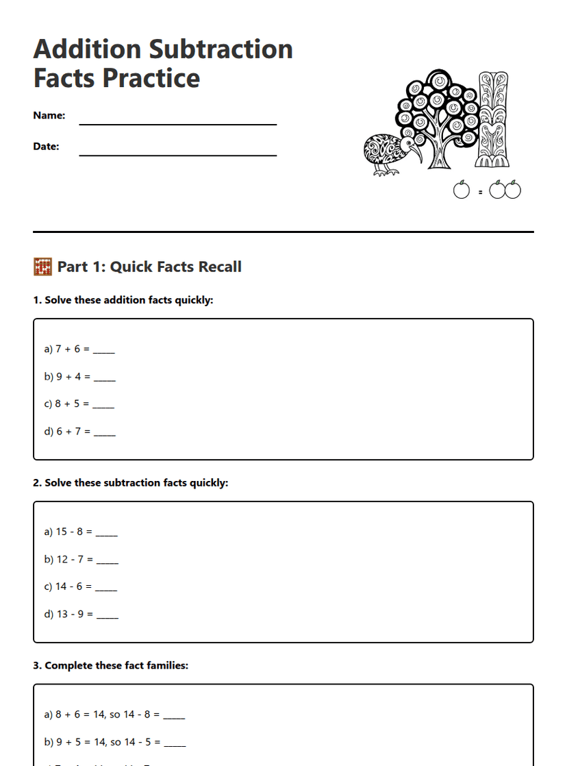 Addition Subtraction Facts Practice