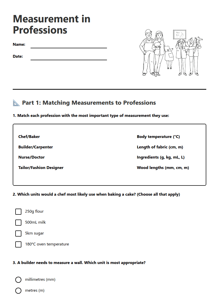 Measurement in Professions worksheet preview