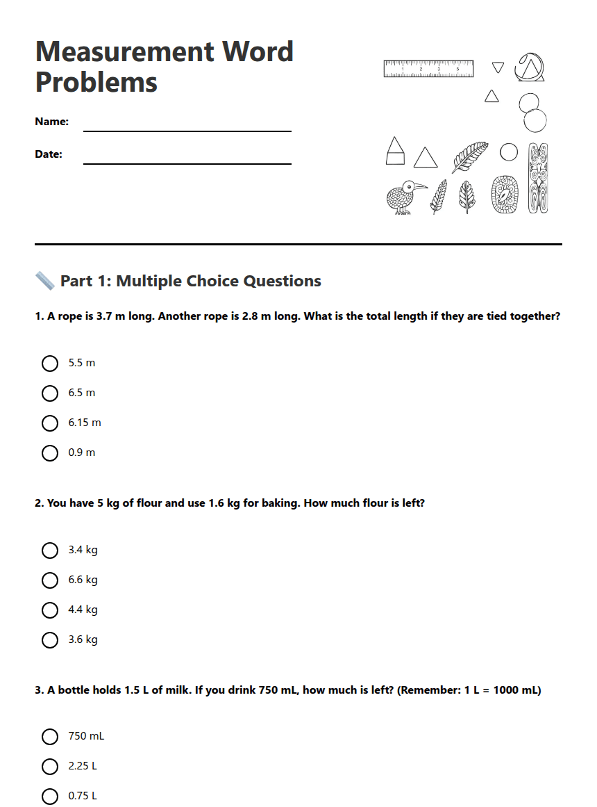Measurement Word Problems worksheet preview