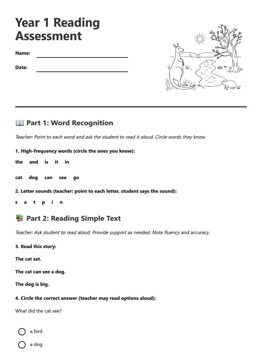 Year 1 Reading Assessment worksheet preview