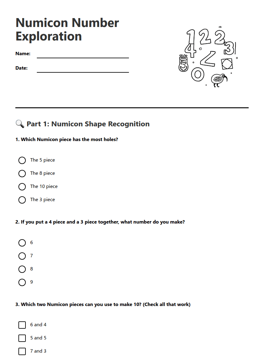 Numicon Number Exploration worksheet preview