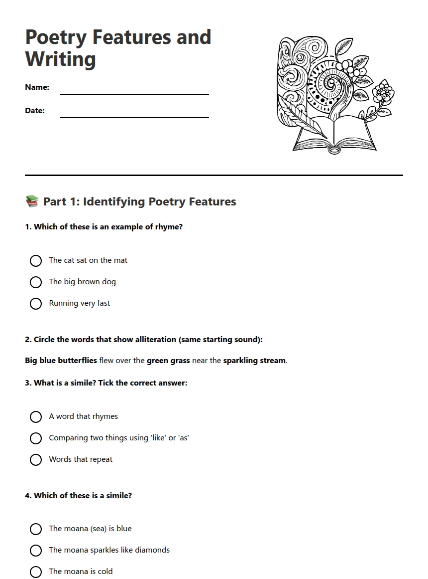Poetry Features and Writing worksheet preview