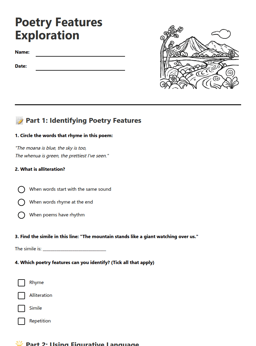 Poetry Features Exploration worksheet preview