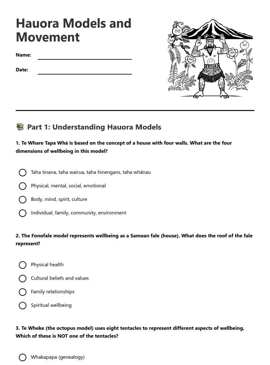 Hauora Models and Movement worksheet preview