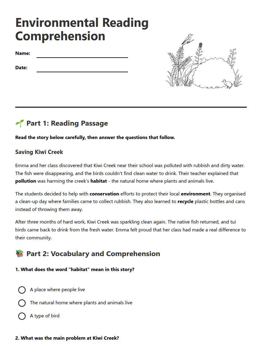 Environmental Reading Comprehension worksheet preview