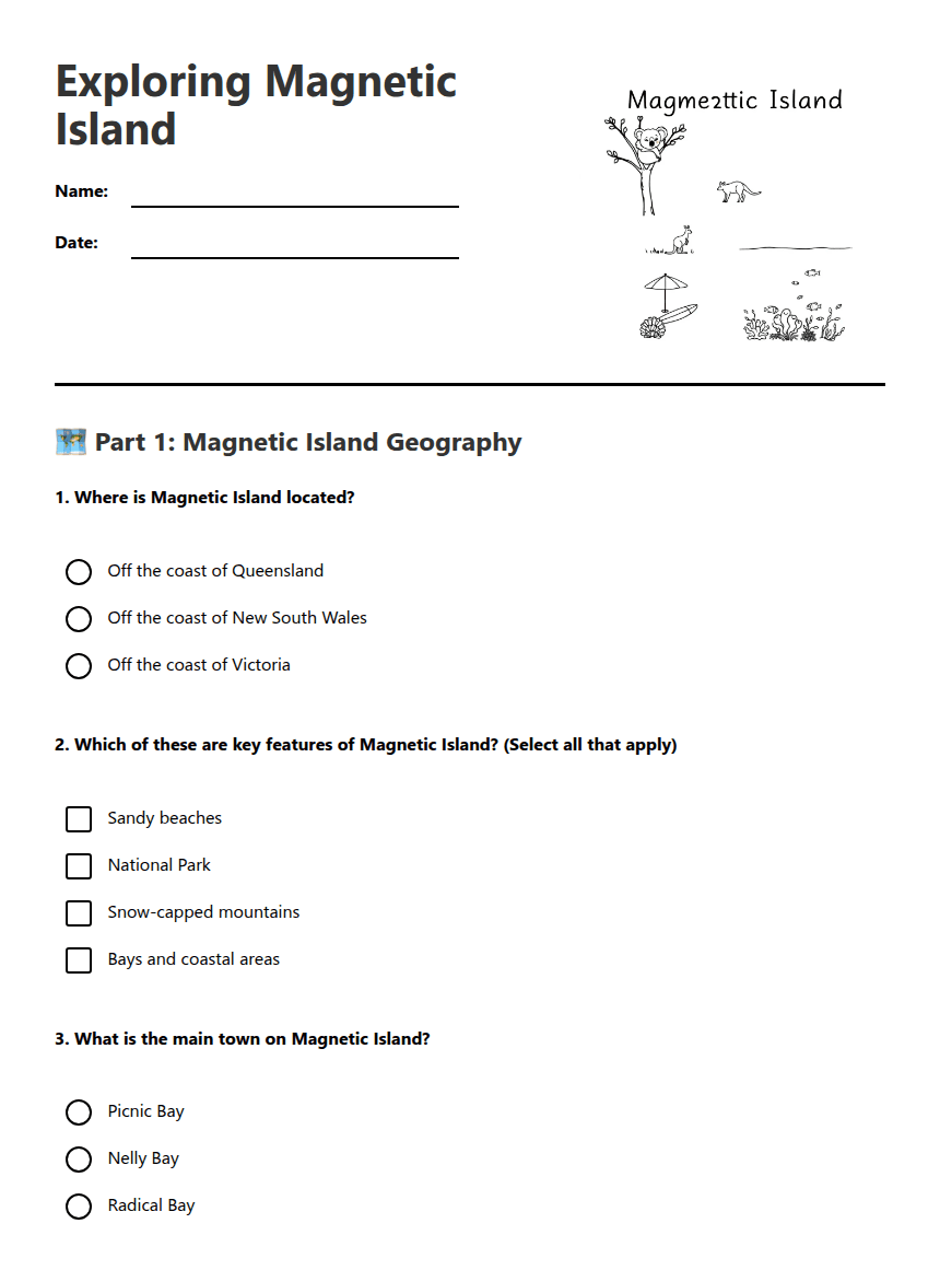 Exploring Magnetic Island worksheet preview