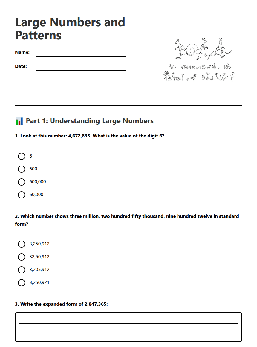 Large Numbers and Patterns worksheet preview