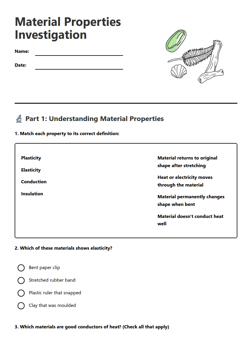 Material Properties Investigation worksheet preview