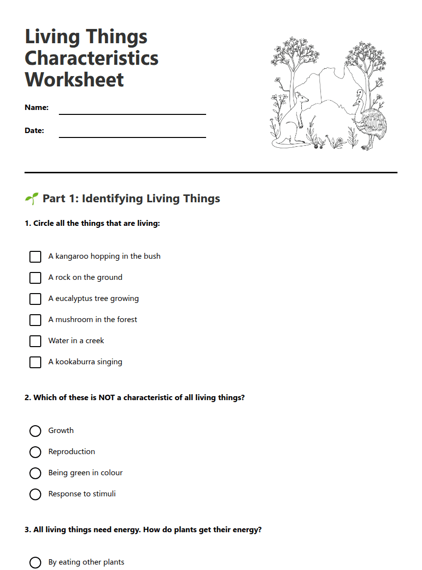 Living Things Characteristics Worksheet worksheet preview