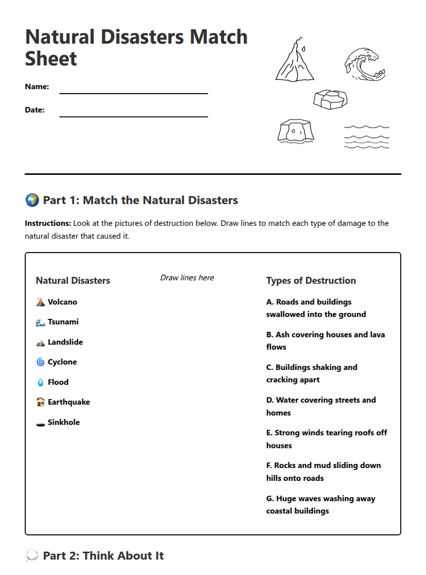 Natural Disasters Match Sheet