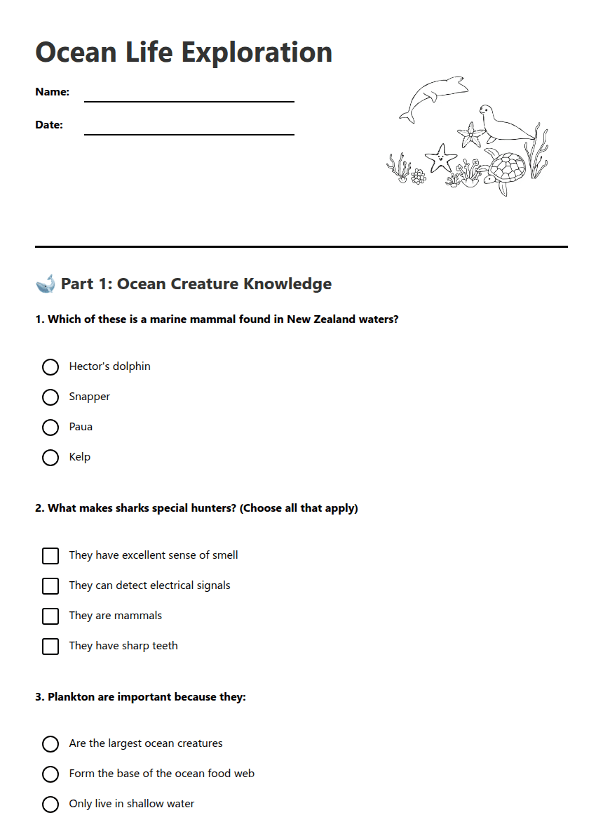 Ocean Life Exploration worksheet preview