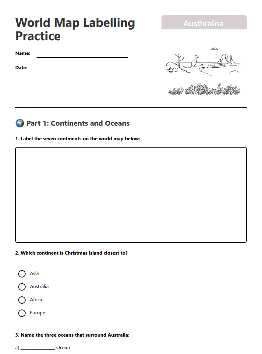 World Map Labeling Practice worksheet preview