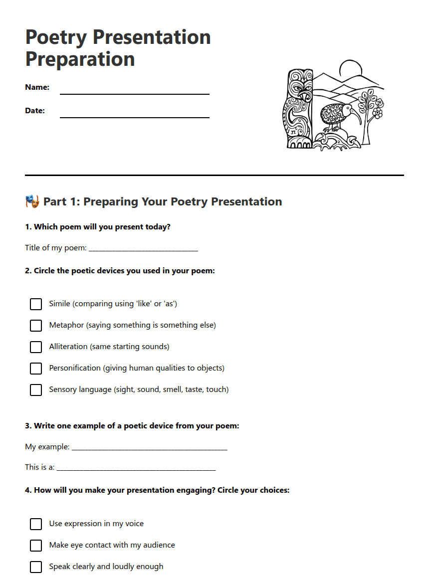 Poetry Presentation Preparation worksheet preview