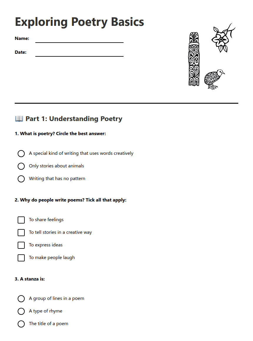 Exploring Poetry Basics worksheet preview