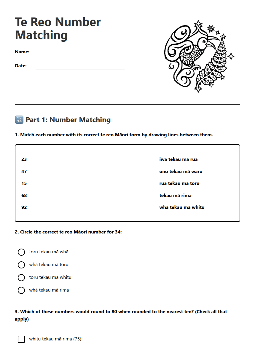Te Reo Number Matching worksheet preview
