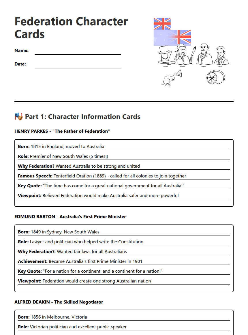 Federation Character Cards worksheet preview
