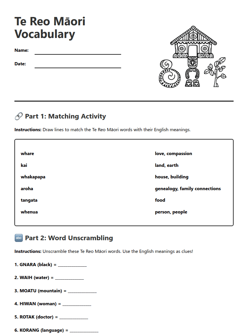 Te Reo Māori Vocabulary worksheet preview