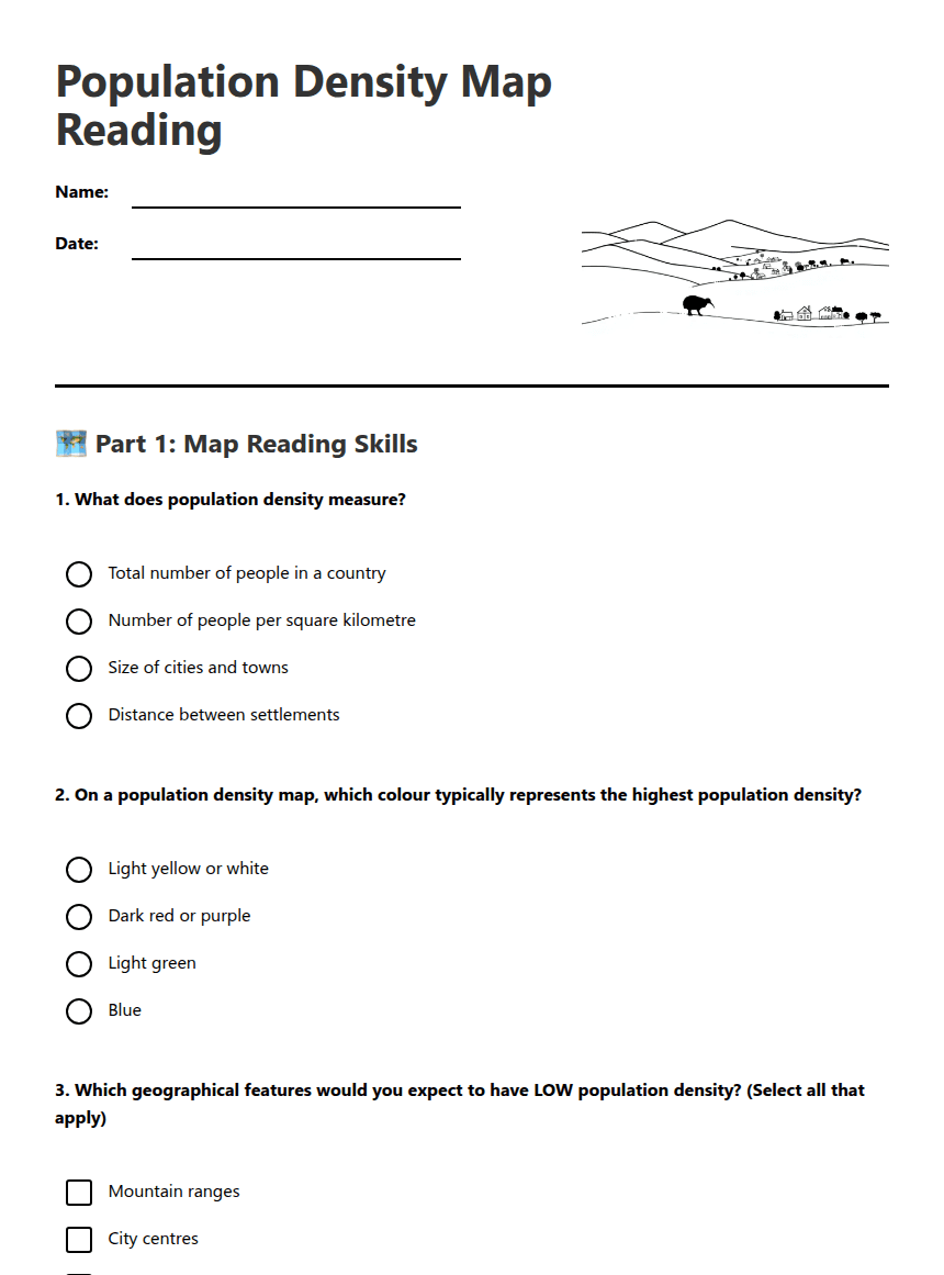 Population Density Map Reading worksheet preview