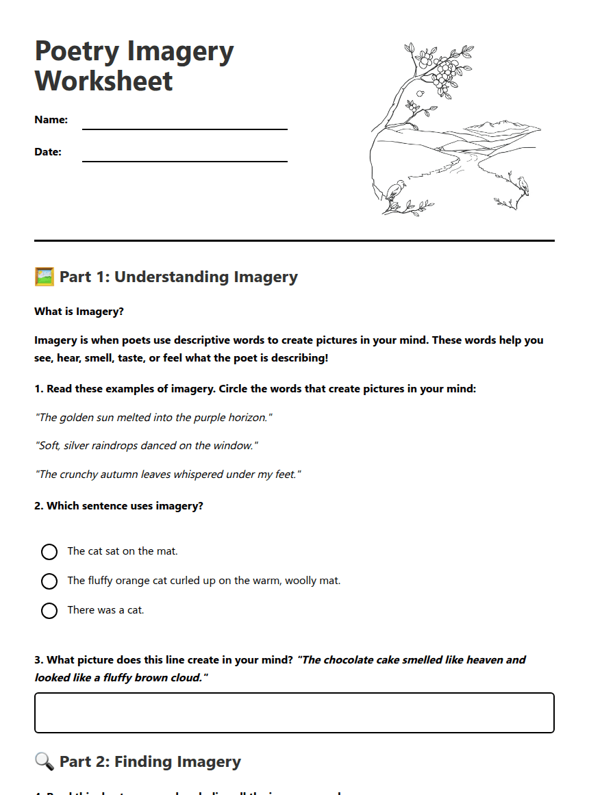 Poetry Imagery Worksheet worksheet preview