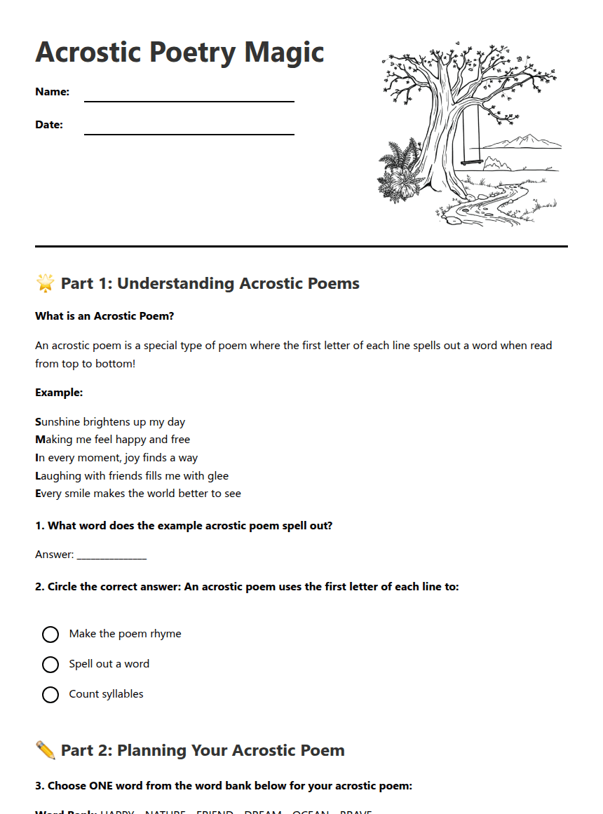 Acrostic Poetry Magic worksheet preview