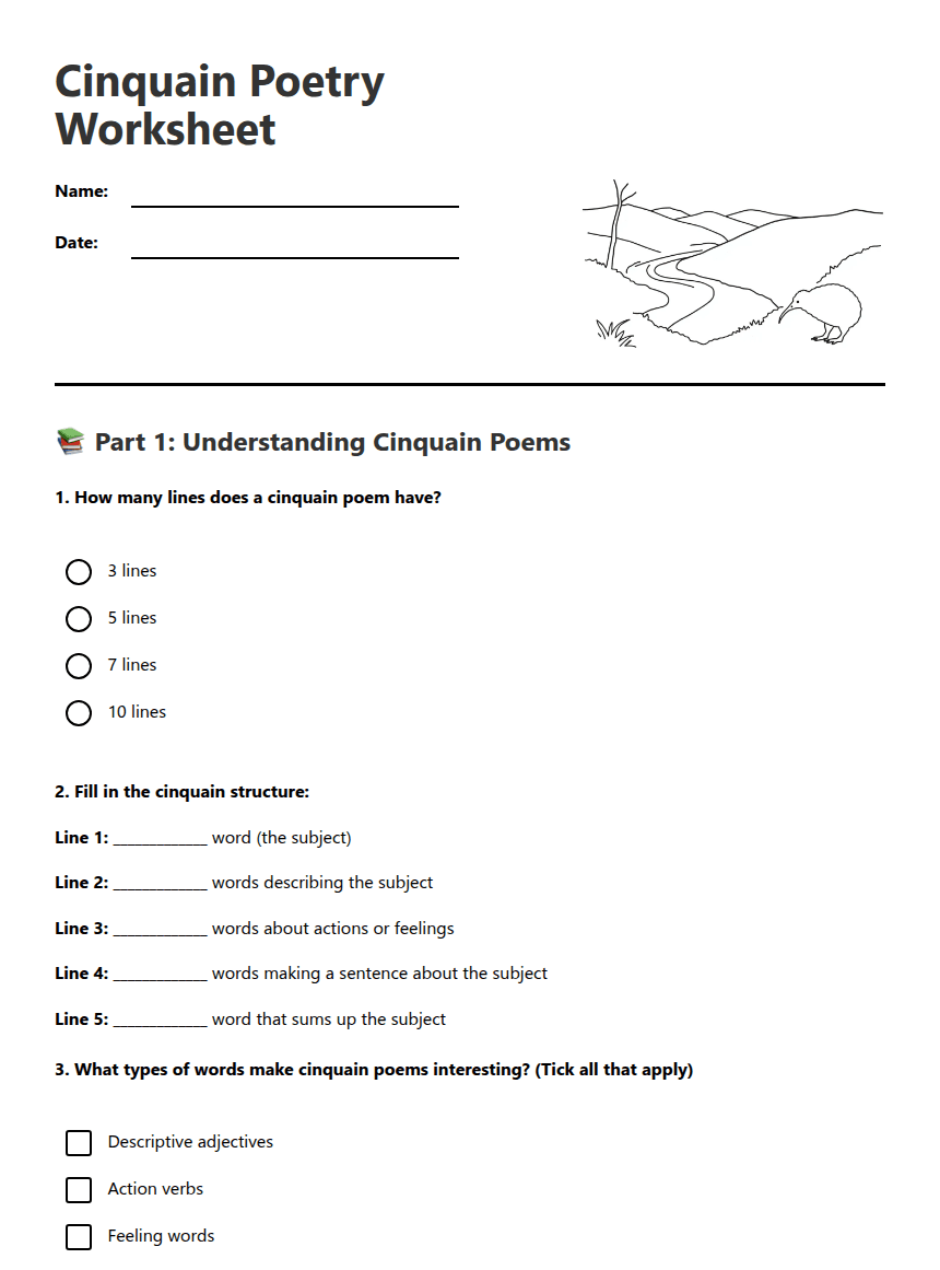 Cinquain Poetry Worksheet worksheet preview