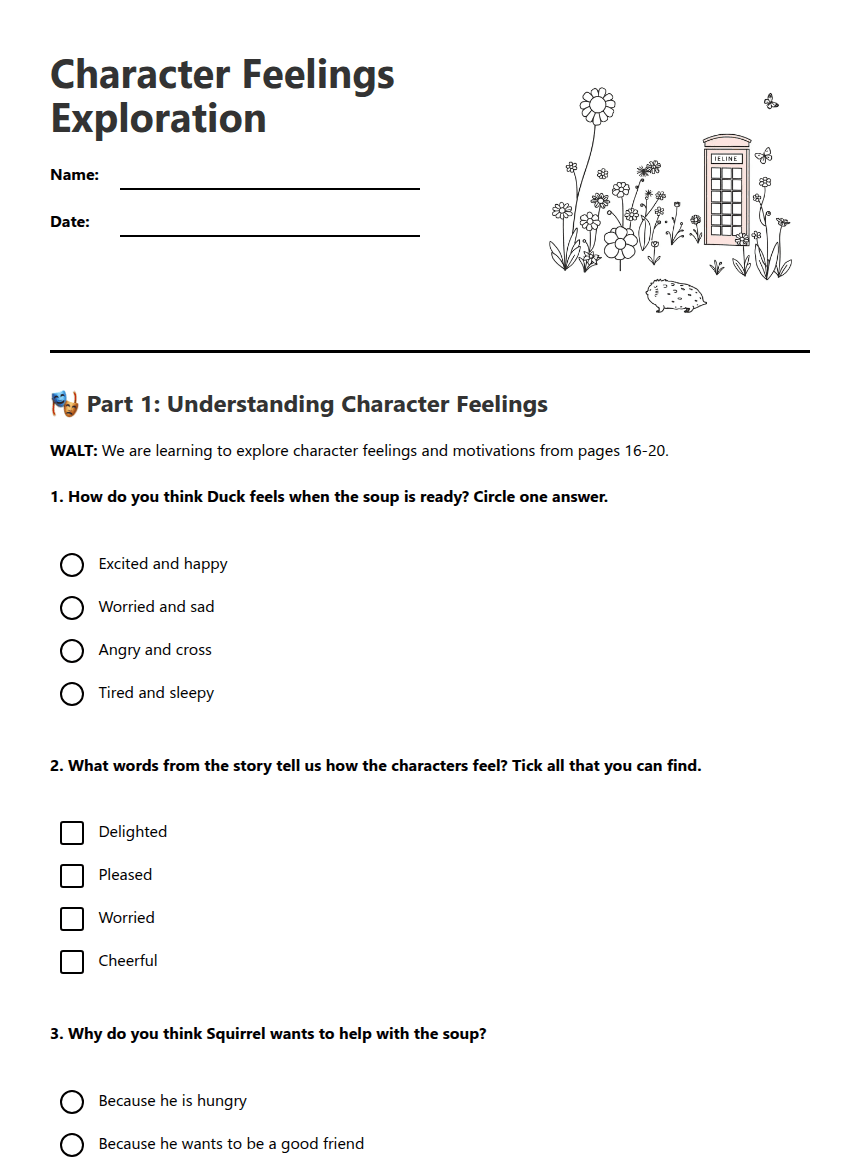 Character Feelings Exploration worksheet preview
