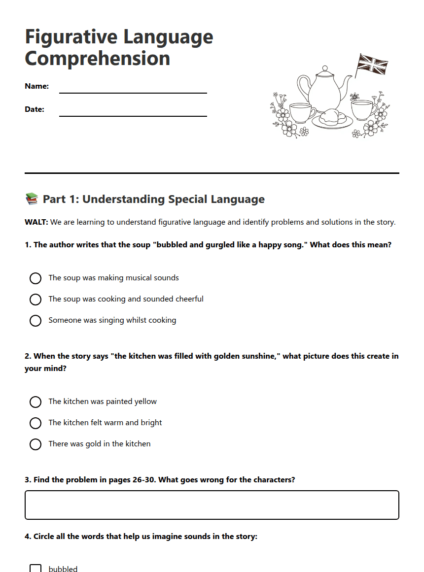 Figurative Language Comprehension worksheet preview
