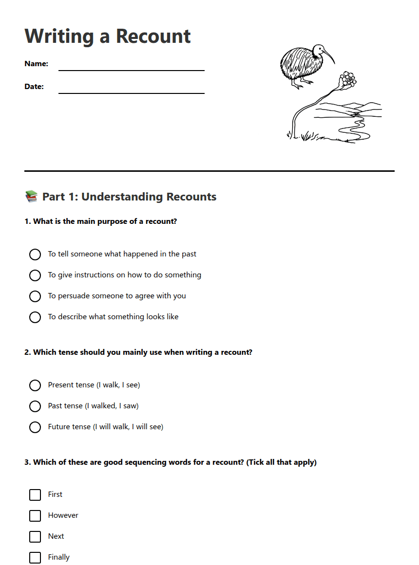 Writing a Recount worksheet preview