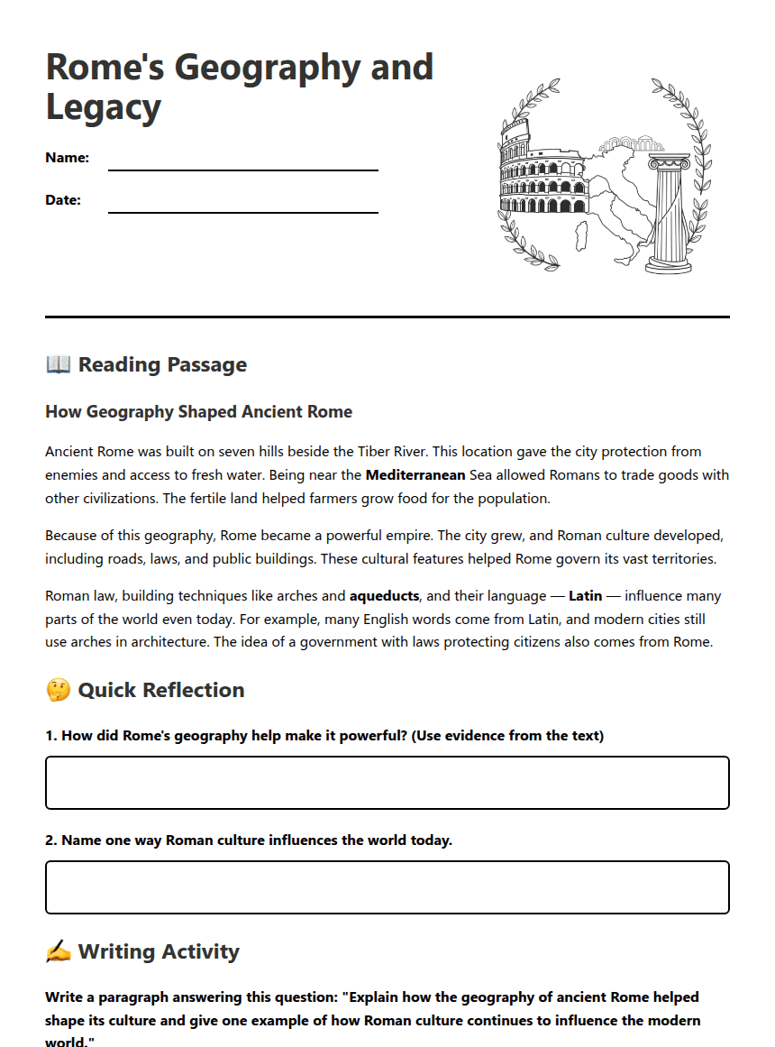 Rome's Geography and Legacy worksheet preview