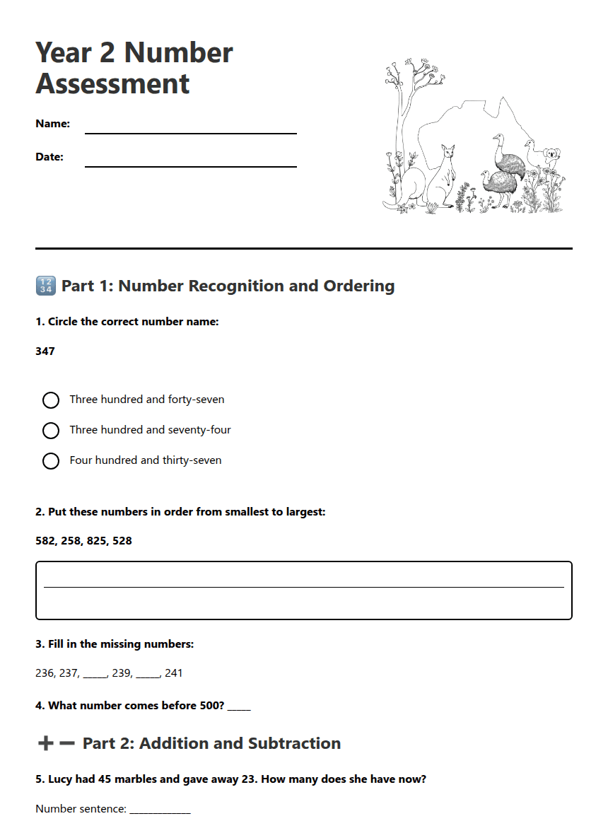 Year 2 Number Assessment worksheet preview