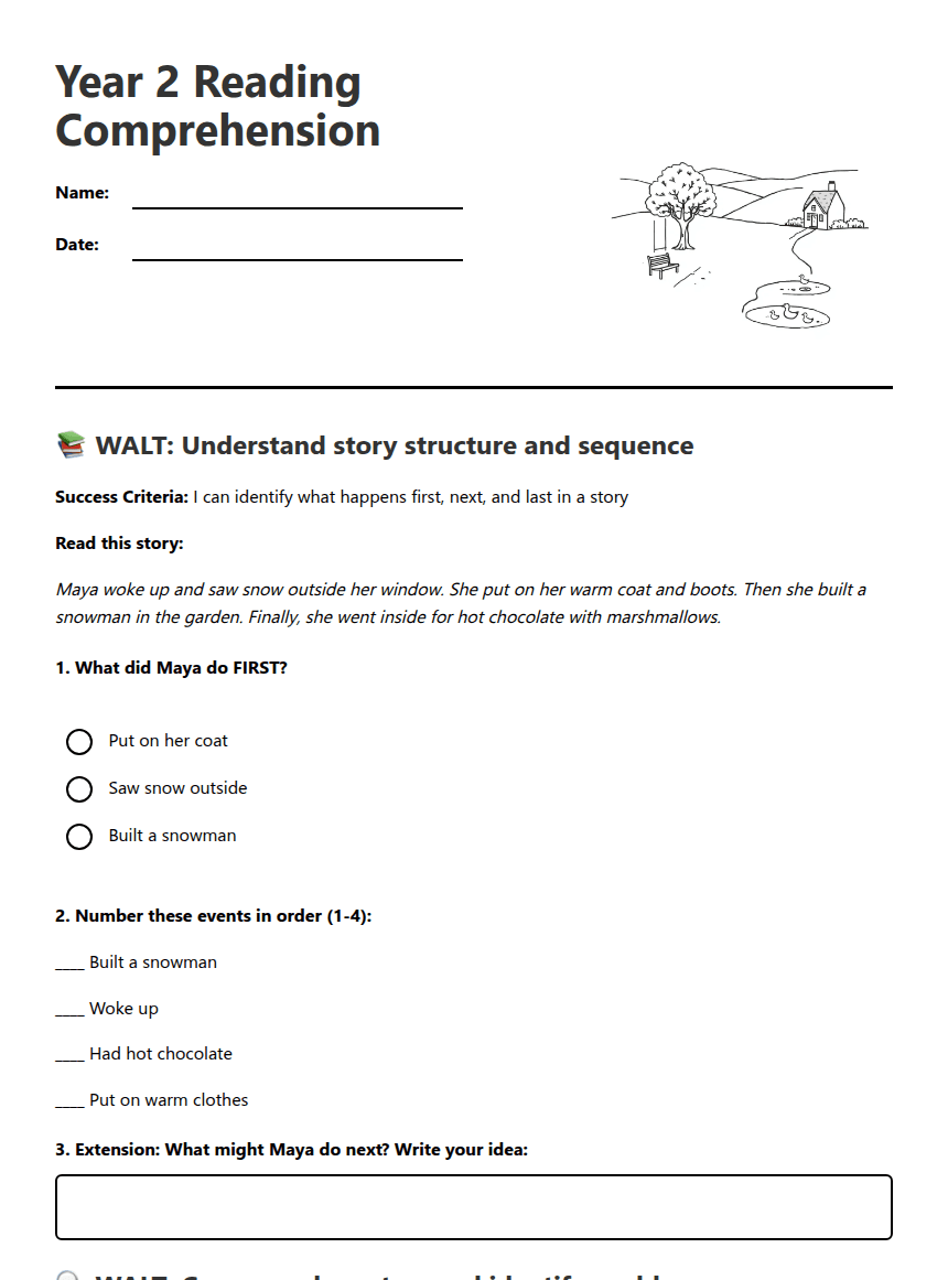 Year 2 Reading Comprehension worksheet preview