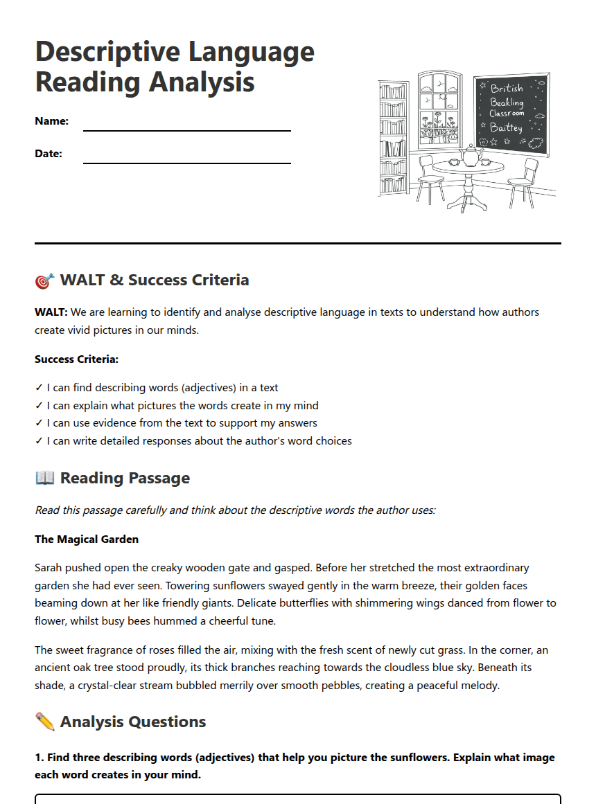Descriptive Language Reading Analysis worksheet preview
