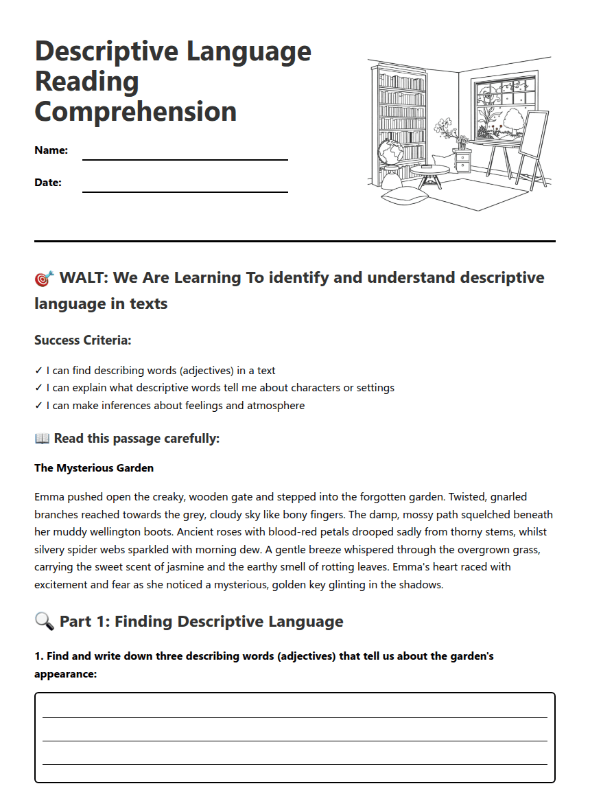 Descriptive Language Reading Comprehension worksheet preview