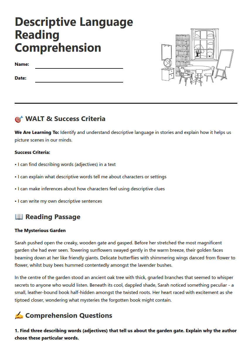 Descriptive Language Reading Comprehension worksheet preview