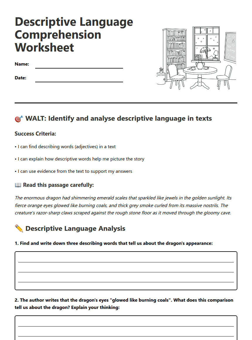 Descriptive Language Comprehension Worksheet worksheet preview