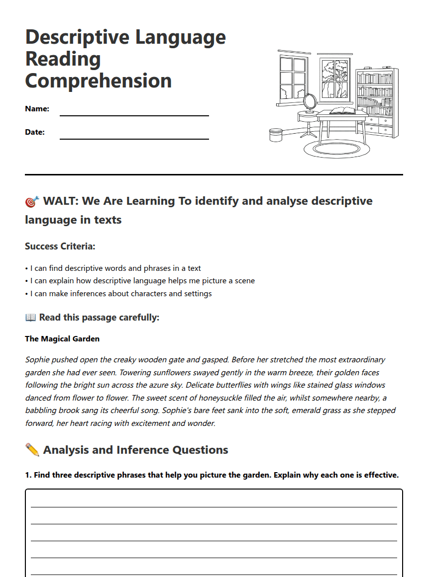 Descriptive Language Reading Comprehension worksheet preview