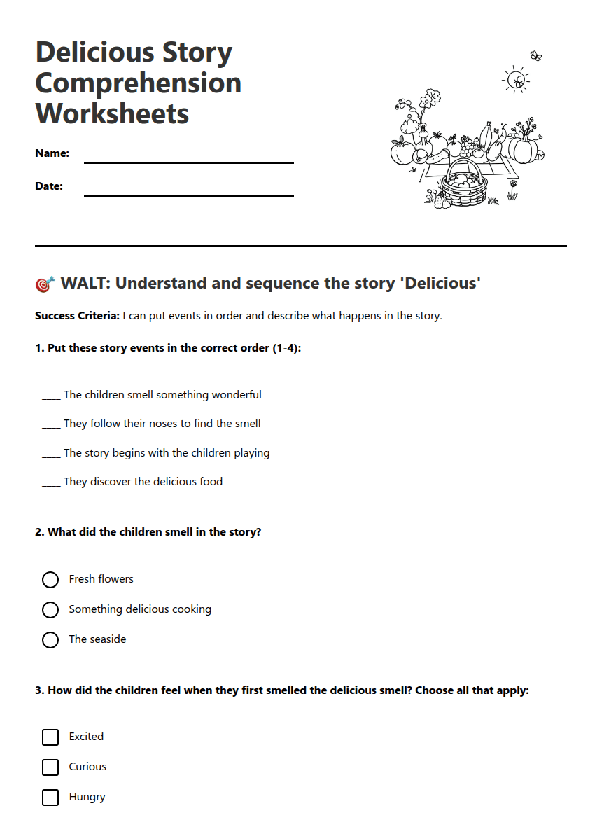 Delicious Story Comprehension Worksheets worksheet preview