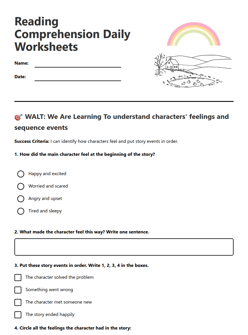 Reading Comprehension Daily Worksheets worksheet preview