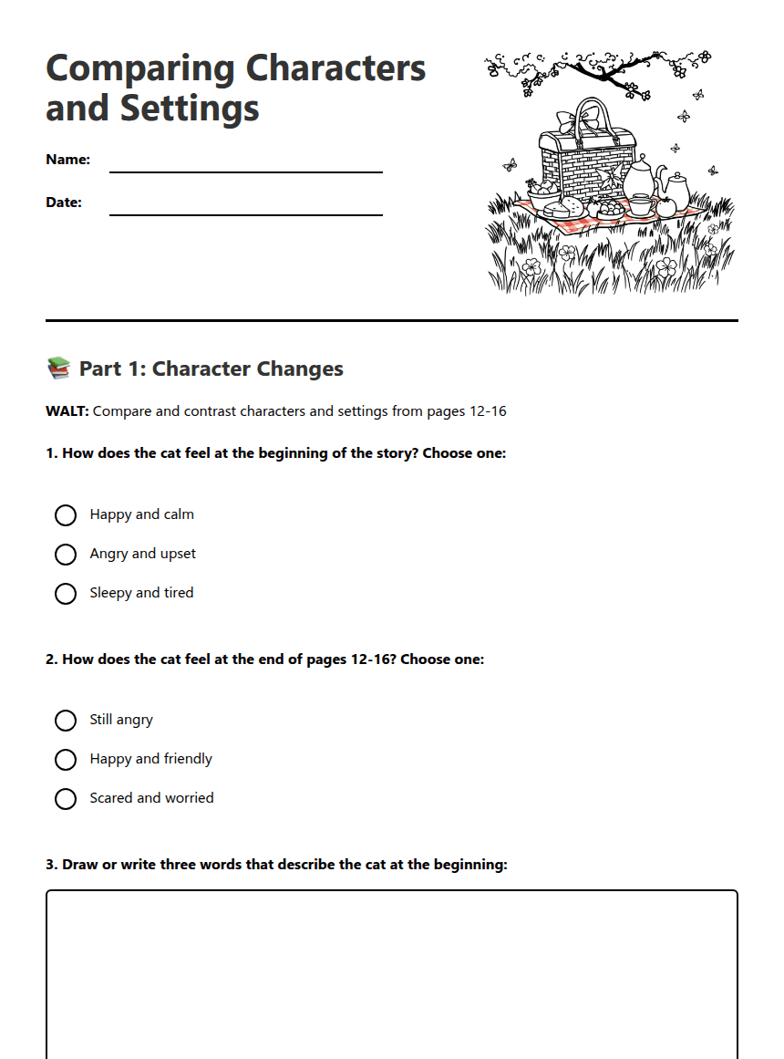 Comparing Characters and Settings worksheet preview